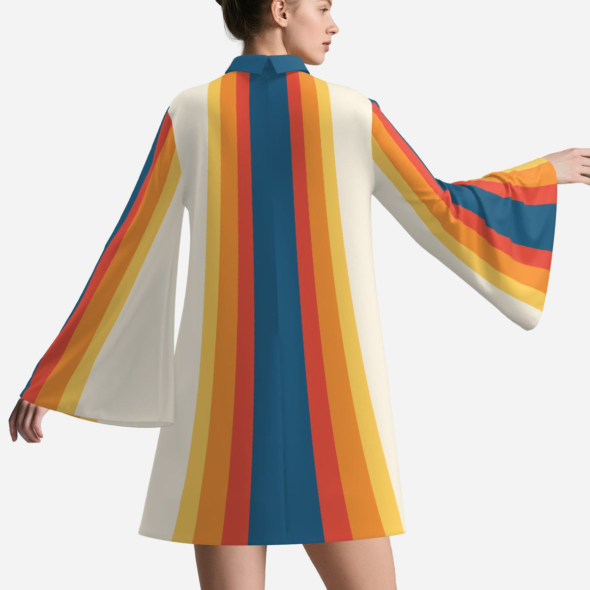 Women's 70s Retro Disco Dress, White Blue Yellow Stripe Bell Sleeve Dress, Groovy Trapeze Mini Dress, Vintage Inspired Dress