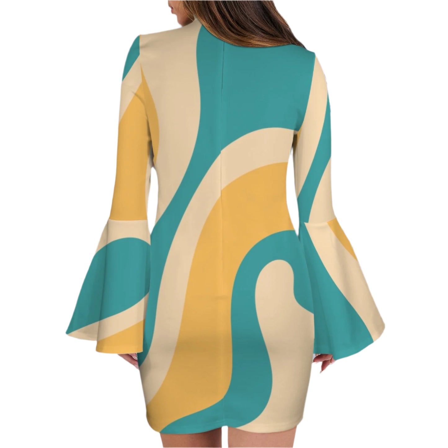 60s 70s Groovy Turquoise Yellow Mod bell Sleeve Dress, Turtle Neck Dress