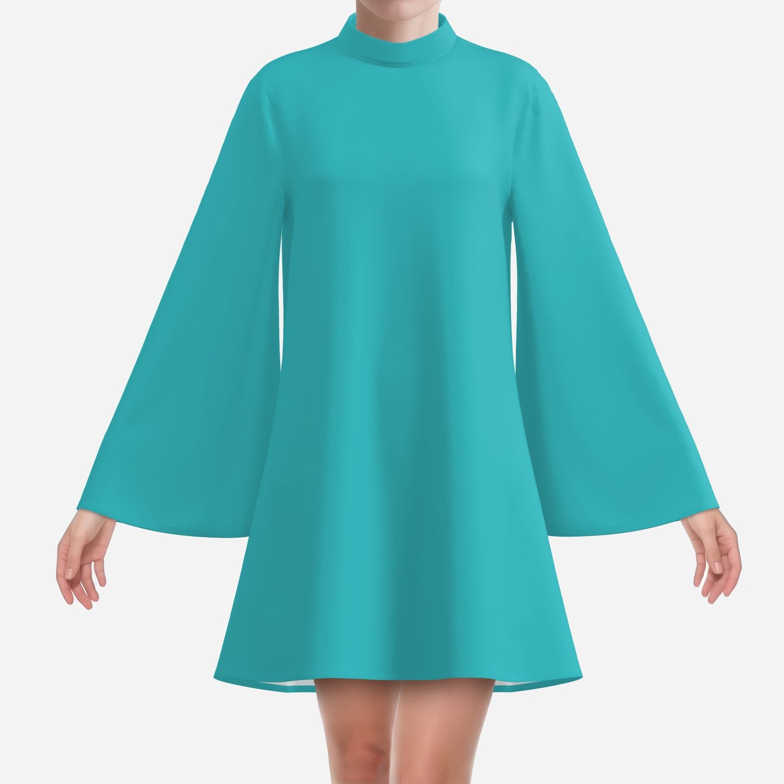 Vintage 70s Turquoise Bell Sleeve Dress | Retro Turtleneck Tent Dress | Boho Hippie Dress