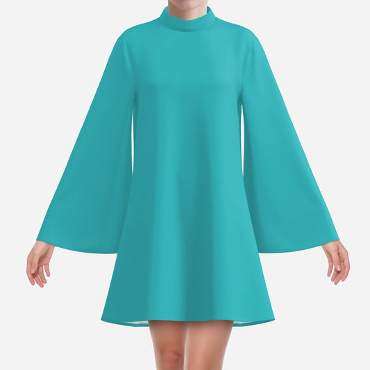 Vintage 70s Turquoise Bell Sleeve Dress | Retro Turtleneck Tent Dress | Boho Hippie Dress