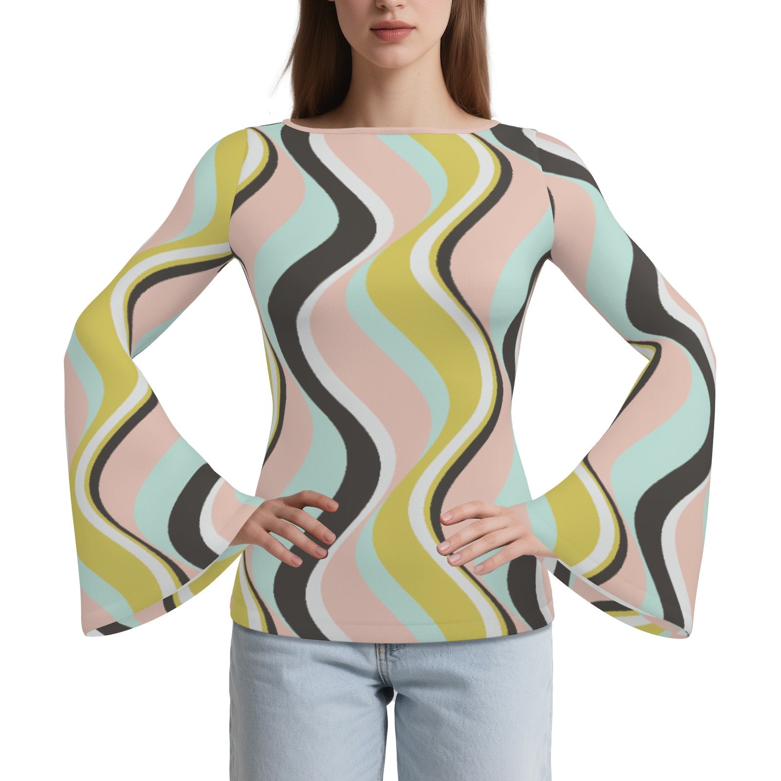 70s Pink Green Bell Sleeve Top | Groovy Hippie Stripe Shirt | Women's Retro Bell Sleeve T-Shirt | Vintage Abstract Top