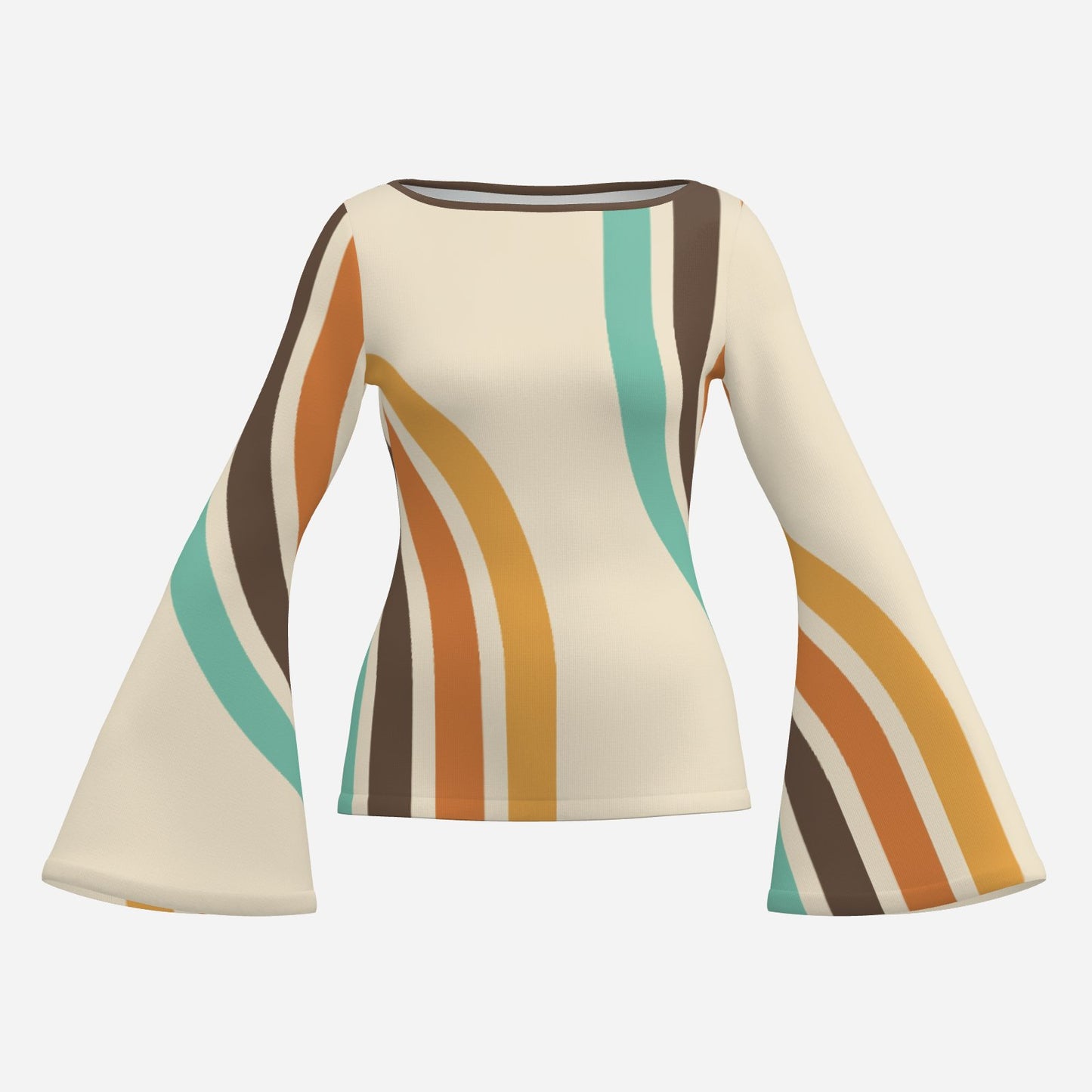 70s Beige Bell Sleeve Top | Groovy Stripe Hippie Blouse | Retro Long Sleeve T-Shirt Women