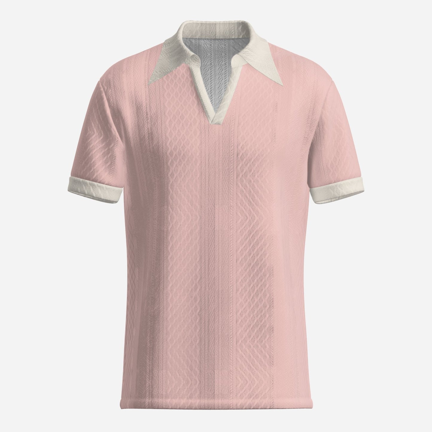 70s Style Polo Shirt | Light Pink Jacquard Knit | Pink White Dagger-Collar V-Neck Retro Polo Shirt 
