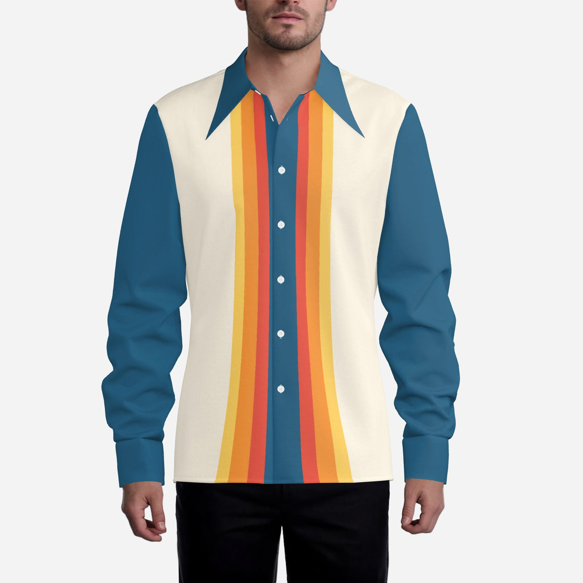 Men's 70s Style Shirt, Blue Orange Stripe Retro Disco Shirt, Dagger Collar Long Sleeve Shirt, Vintage Inspired 70s Shirt