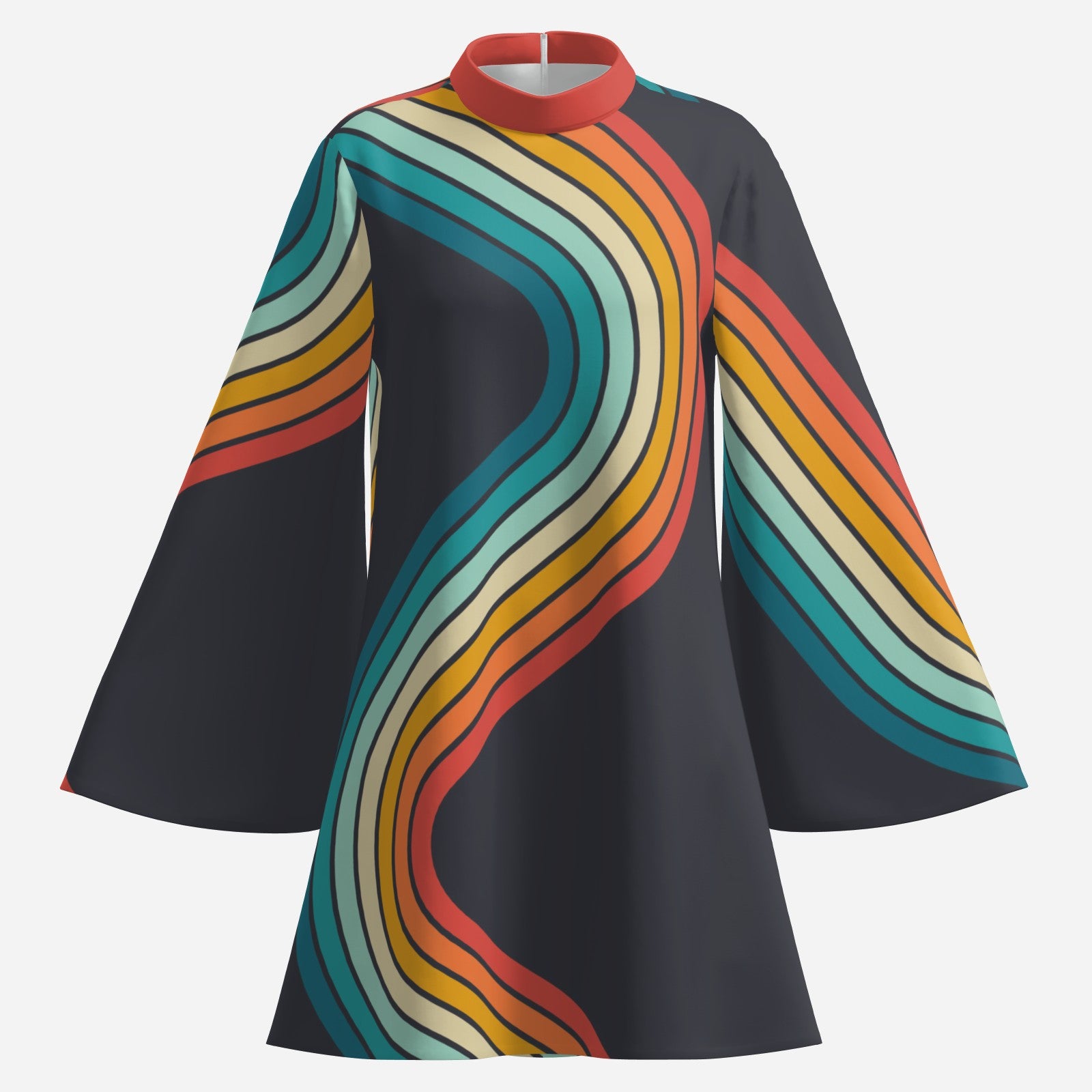 Groovy 70s Disco Dress | Black Rainbow Stripe Bell Sleeve Dress | Retro Turtleneck Tent Mini Dress