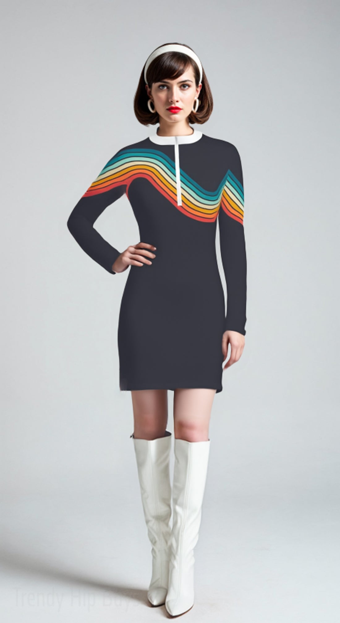 Groovy 70s Dress | Multicolor Stripe Shift Mini | Dark Gray Hippie Scuba Dress | 70s inspired Disco Dress