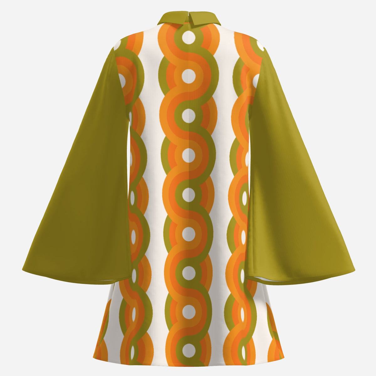 Women's 70s Olive Green Bell Sleeve Dress | Retro Geometric Orange Green Tent Dress | 70s Turtleneck Mini Dress