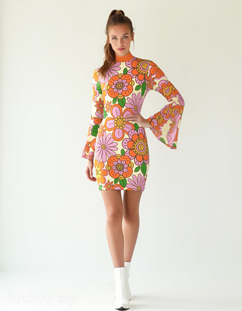 70s Style Dress | Orange Floral Bell Sleeve Mini Dress | Retro Turtleneck Disco Shift Dress