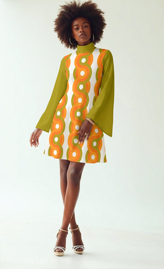 Women's 70s Olive Green Bell Sleeve Dress | Retro Geometric Orange Green Tent Dress | 70s Turtleneck Mini Dress