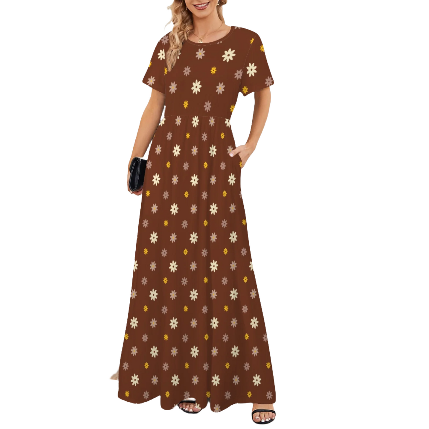 Brown 70s style Maxi dress, Daisy Print Floral Maxi Dress, Summer Maxi Dress, Hippie Dress