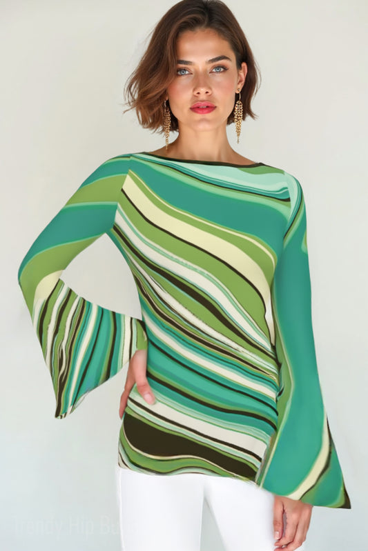 70s Green Turquoise Bell Sleeve Top | Retro Long Sleeve T-Shirt | Vintage Boat Neck Blouse