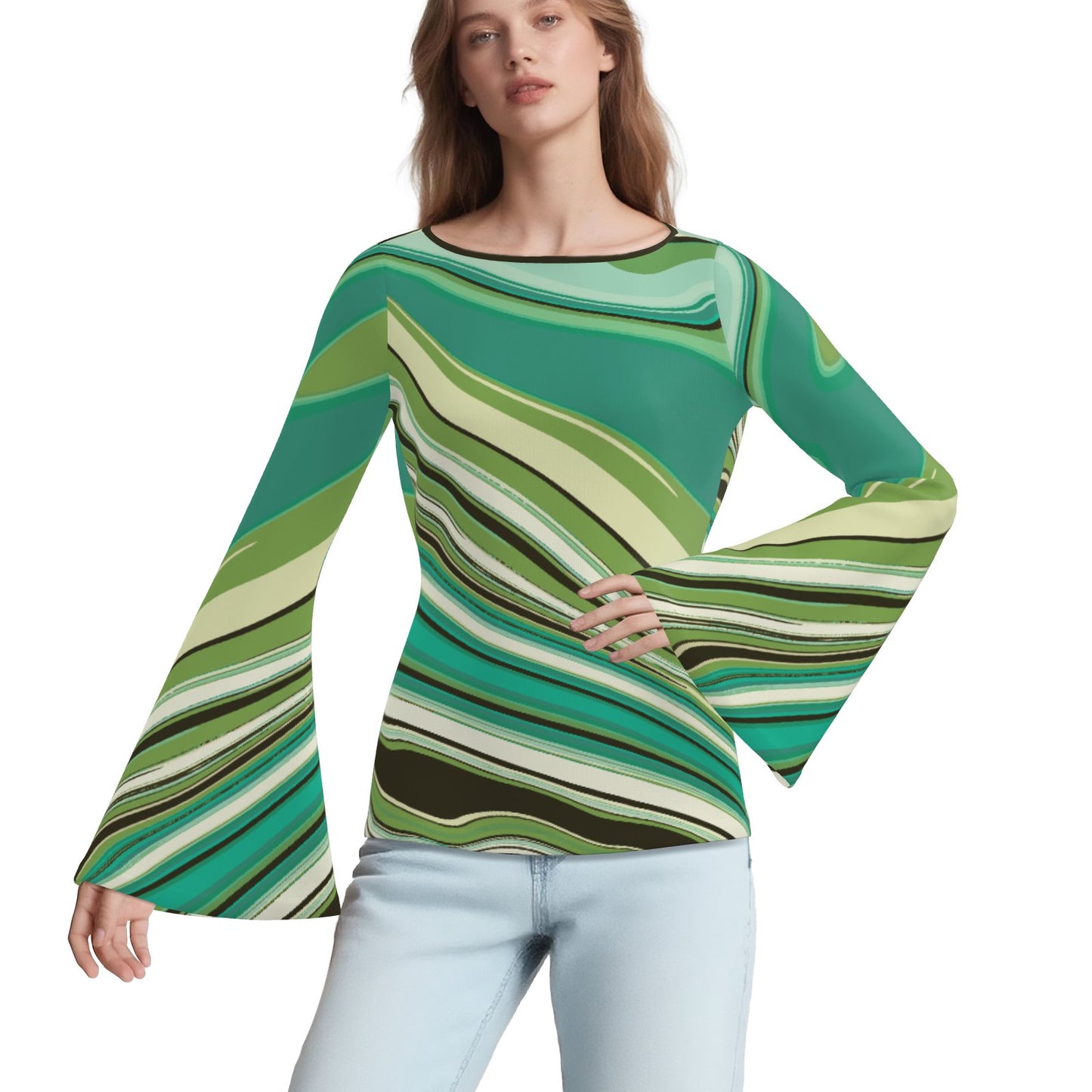 70s Green Turquoise Bell Sleeve Top | Retro Long Sleeve T-Shirt | Vintage Boat Neck Blouse