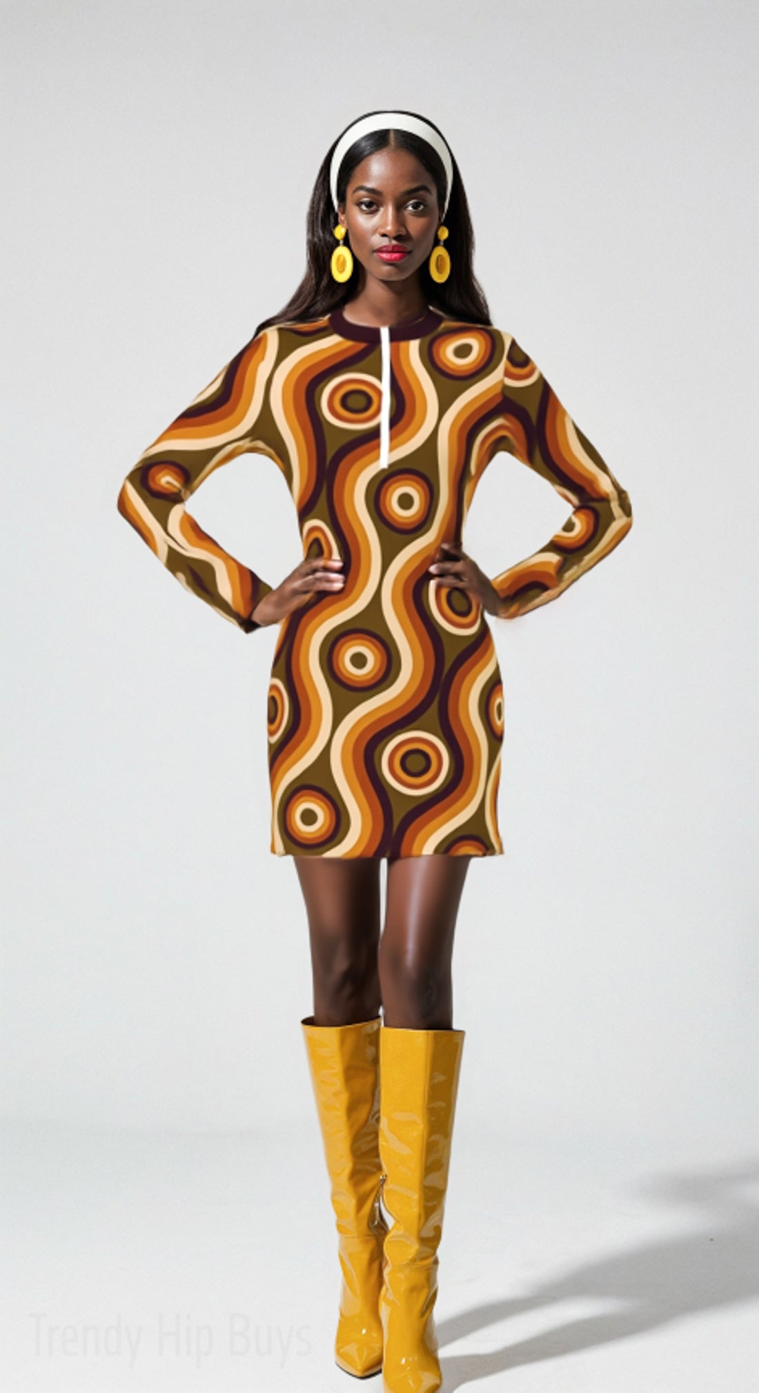 60s 70s Dress Style | Mod Groovy Brown Scuba Mini Dress | Vintage 60s Inspired Long Sleeve Dress