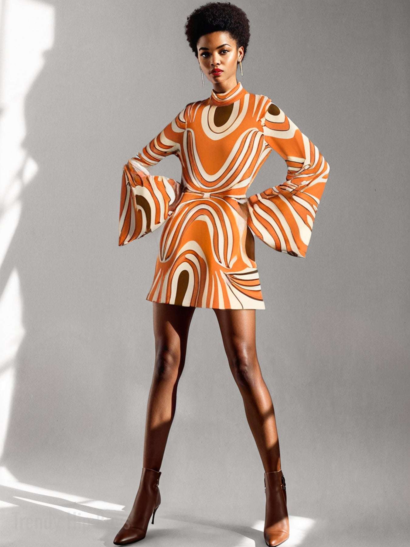 70s Psychedelic Orange Groovy Bell Sleeve Disco Dress | Retro Chiffon Turtleneck Mini Dress