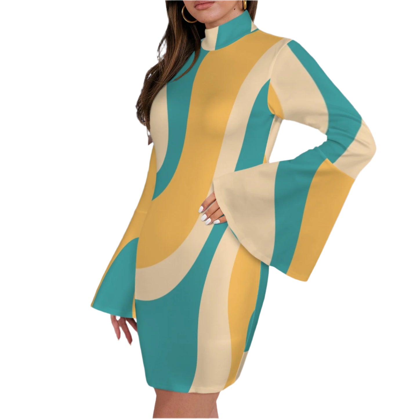 70s inspired blue yellow disco dress,bell sleeve dress