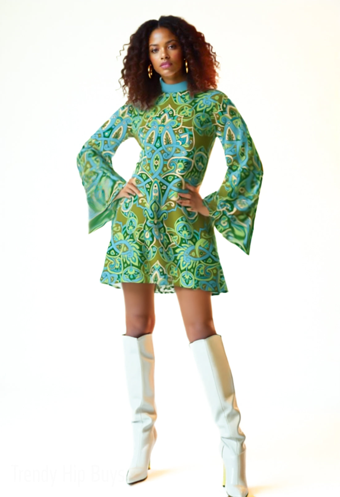 70s Green Bell Sleeve Dress | Retro Hippie Tent Mini Dress | Turquoise Turtleneck Disco Dress