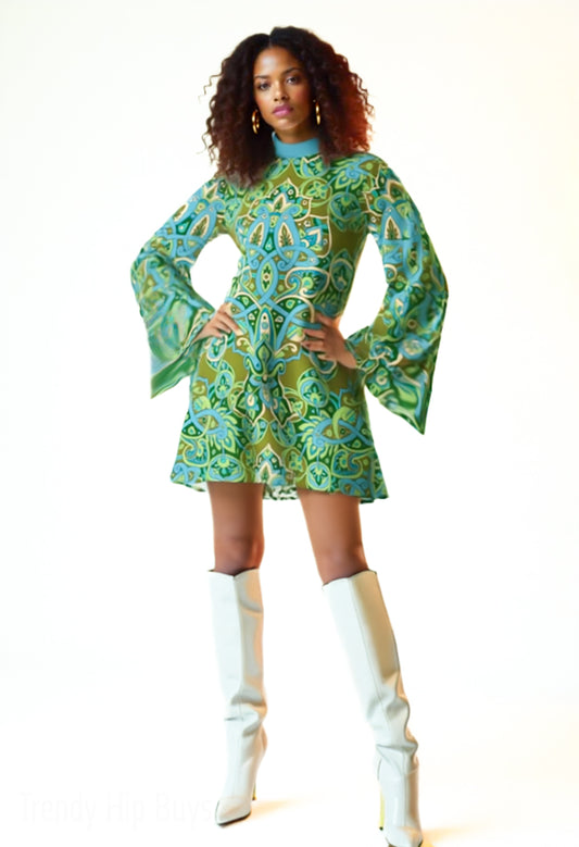 70s Green Bell Sleeve Dress | Retro Hippie Tent Mini Dress | Turquoise Turtleneck Disco Dress