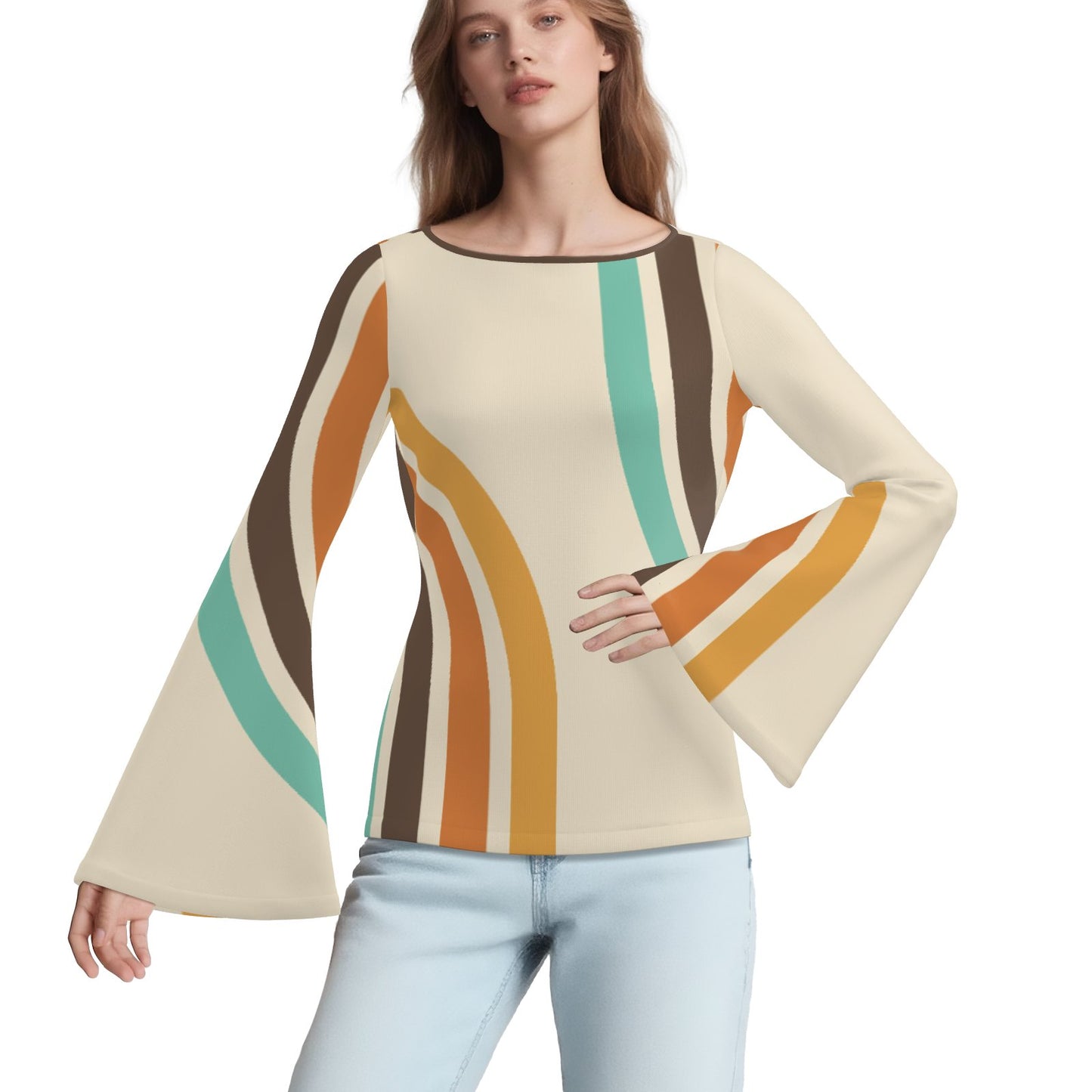 70s Beige Bell Sleeve Top | Groovy Stripe Hippie Blouse | Retro Long Sleeve T-Shirt Women