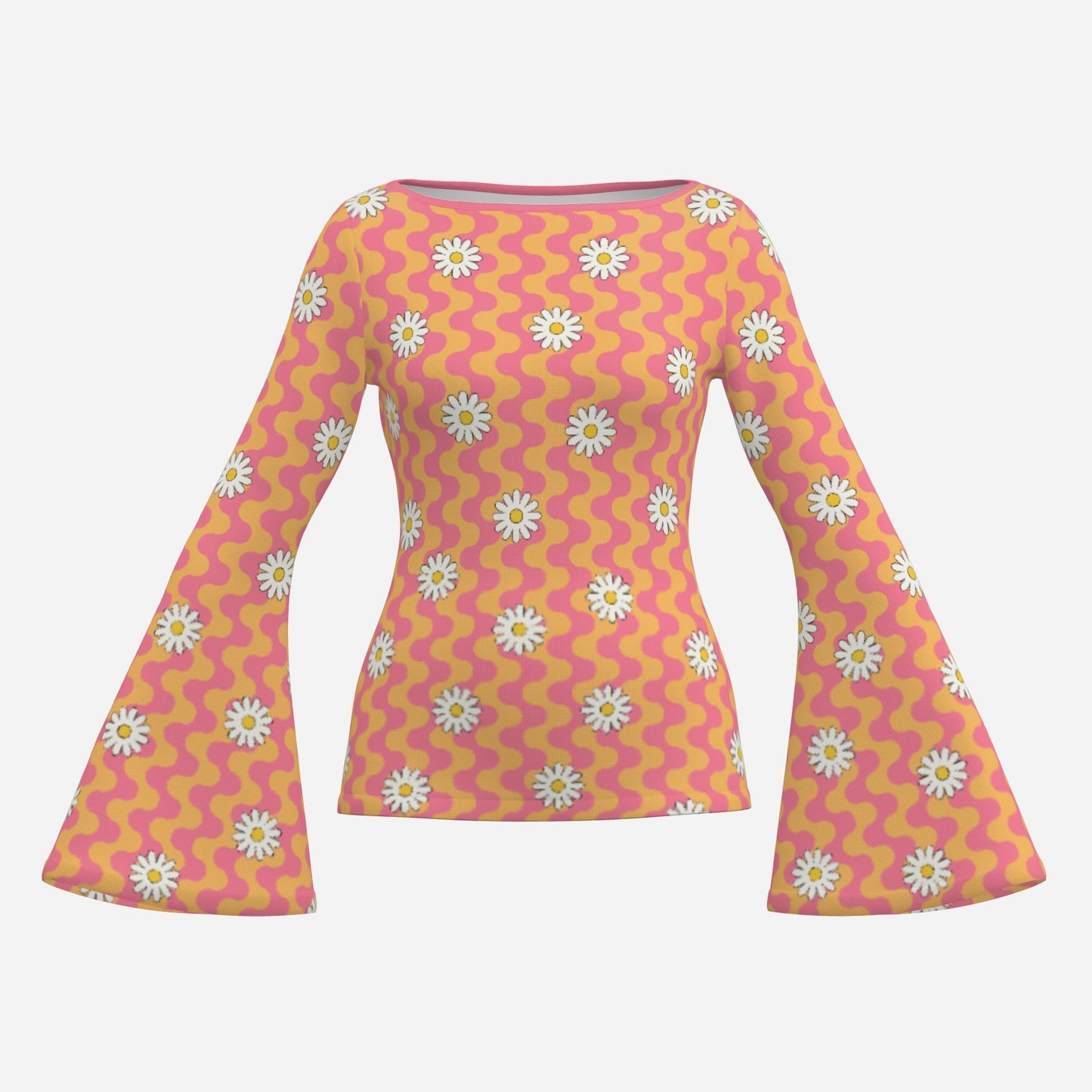 70s Orange Pink Bell Sleeve Top | Women's Retro Hippie Floral Shirt | Vintage Bell Sleeve T-Shirt | Boho Long Sleeve Blouse