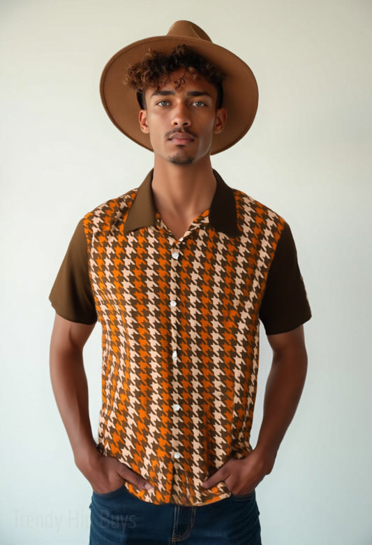 70s Style Shirt Men | Retro Orange Brown Houndstooth Shirt | Vintage Houndstooth Short Sleeve Shirt |