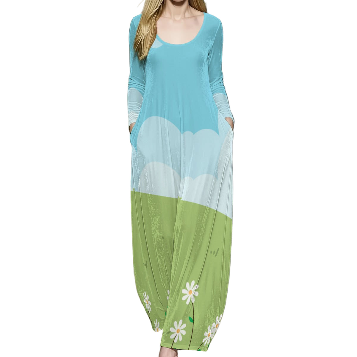 Blue Green Floral Maxi Dress | Kawaii Velvet Maxi Dress with Pockets | Artistic 70s Style Long Sleeve A-Line Maxi Dress 