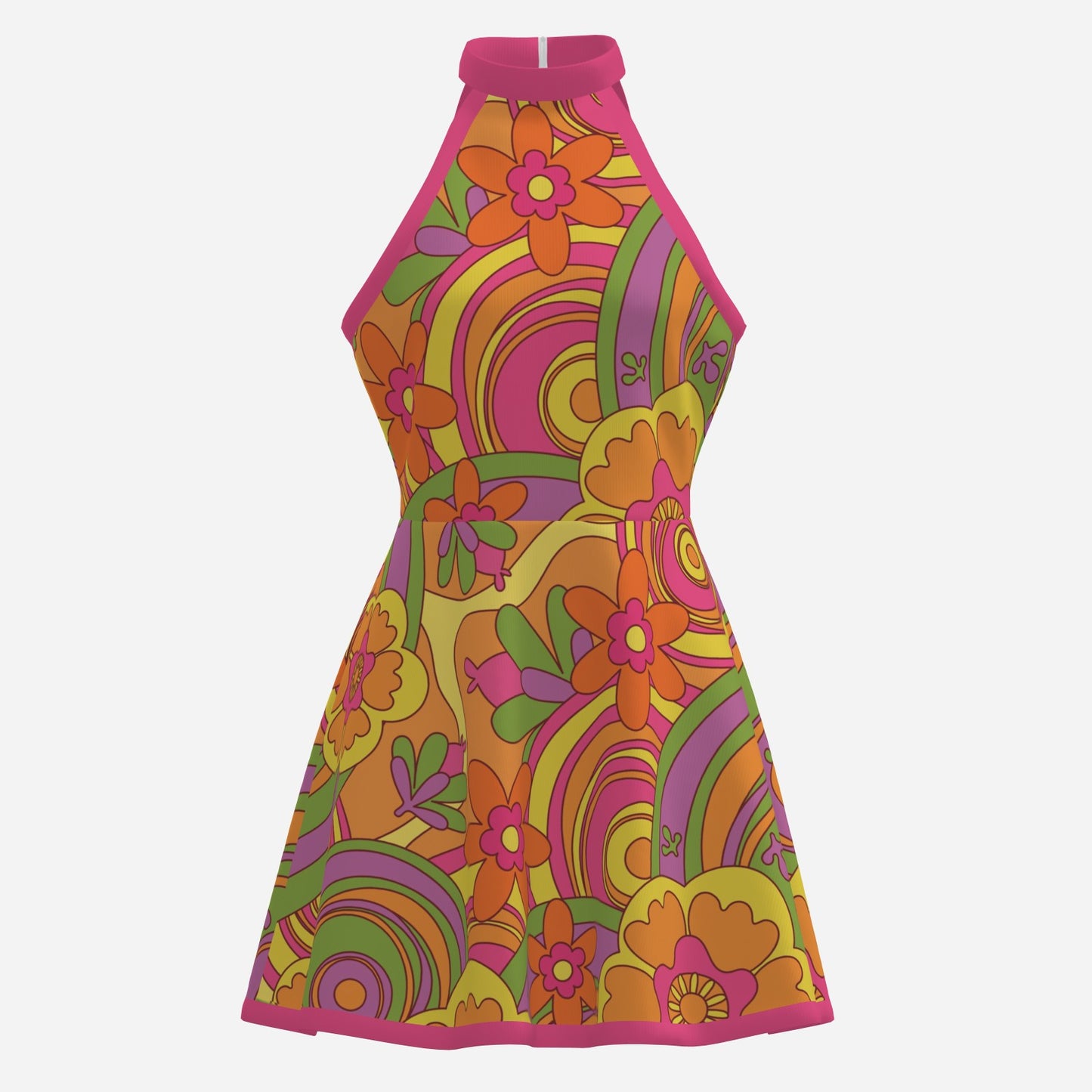 60s 70s Style Dress | Mod Floral Halter Mini Dress | Hippie Multicolor Pink A-Line Mini Dress