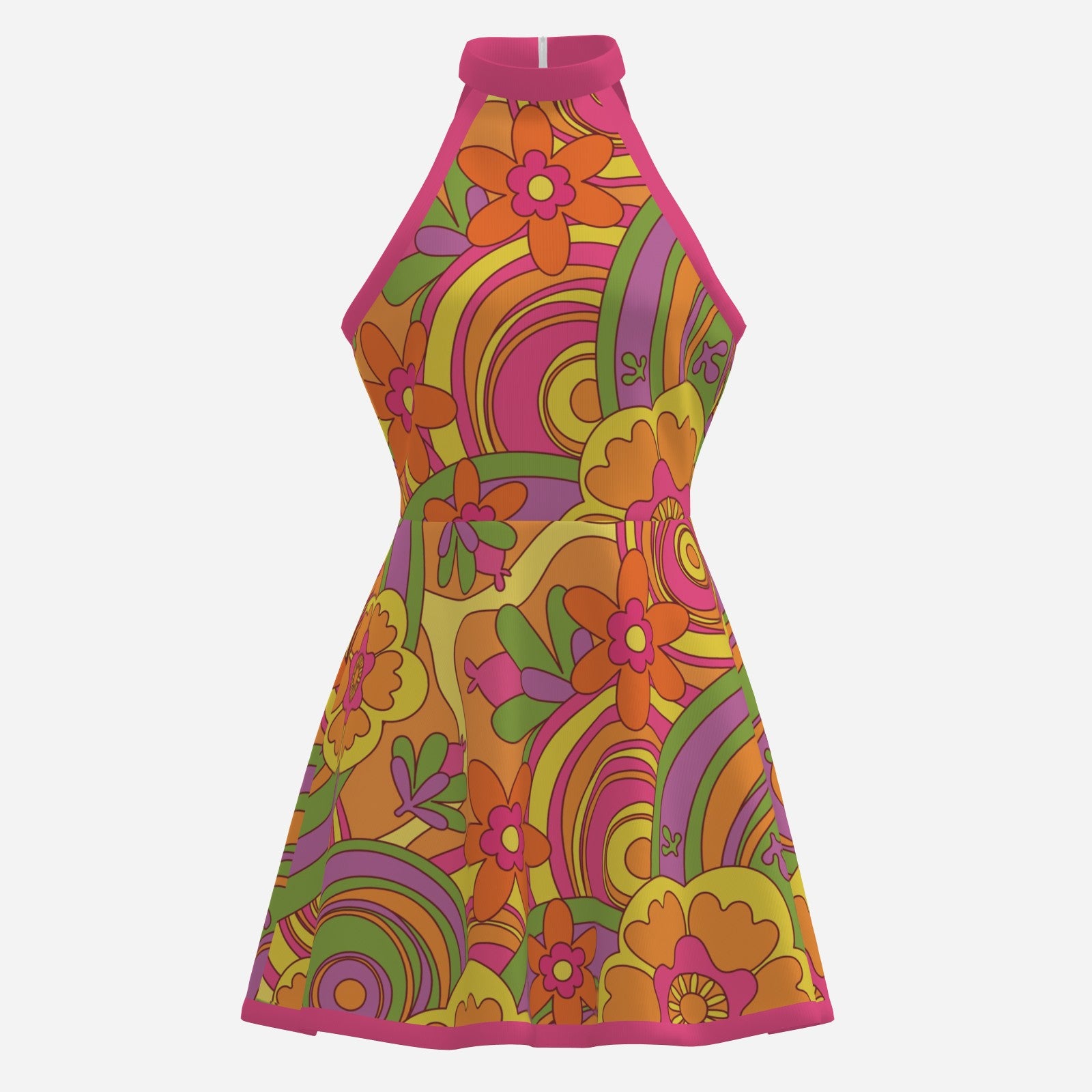 60s 70s Style Dress | Mod Floral Halter Mini Dress | Hippie Multicolor Pink A-Line Mini Dress