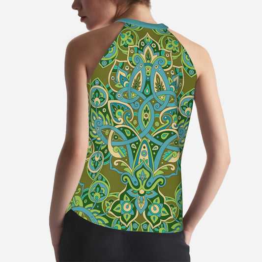 70s Olive Green Halter Top | Retro 70s Hippie Top | Vintage Disco Sleeveless Blouse