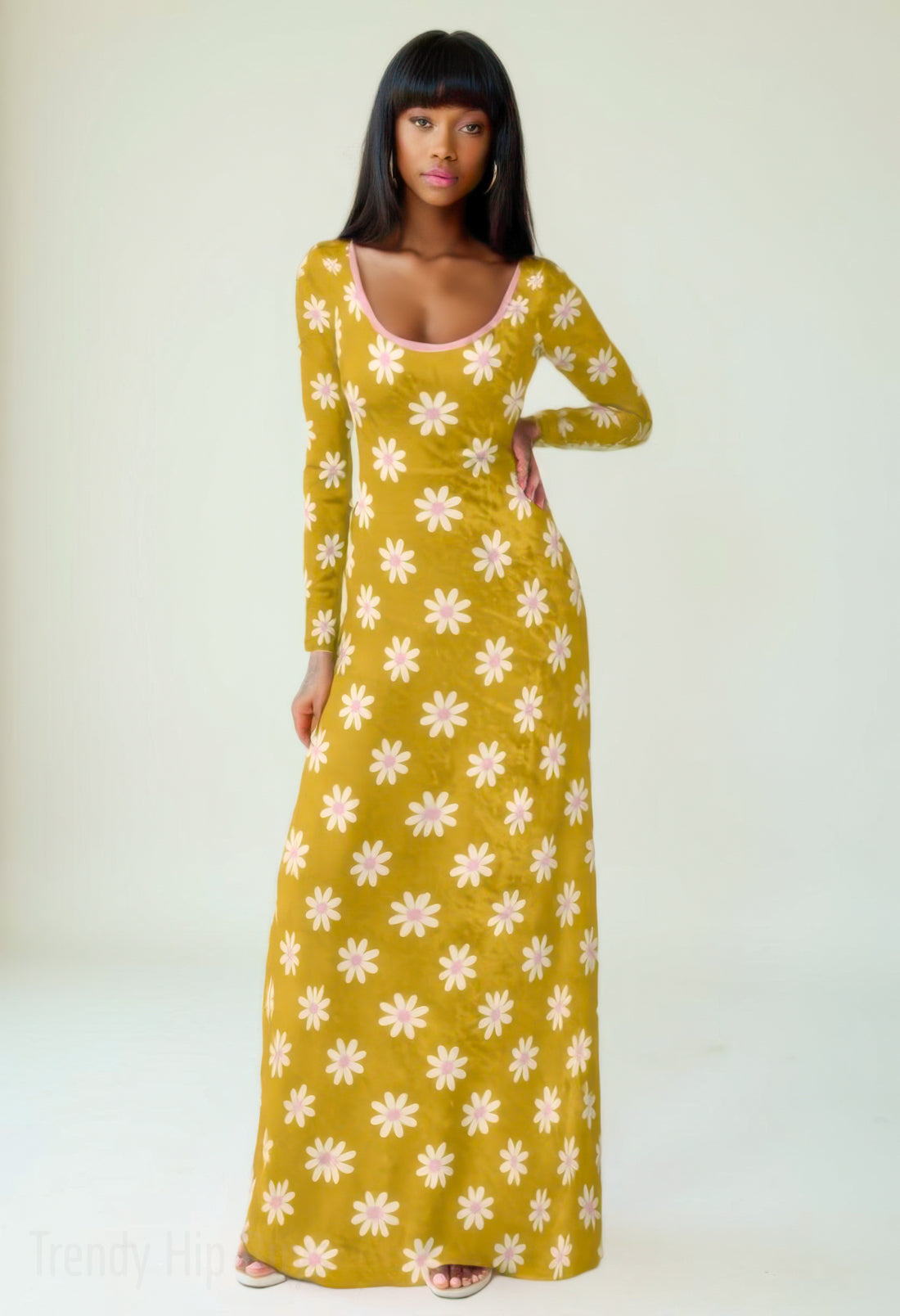 70s Style Maxi Dress | Mustard Yellow Velvet Maxi Dress | Vintage Hippie Floral Bohemian Dress | Pink Lined A-Line Long Sleeve Dress