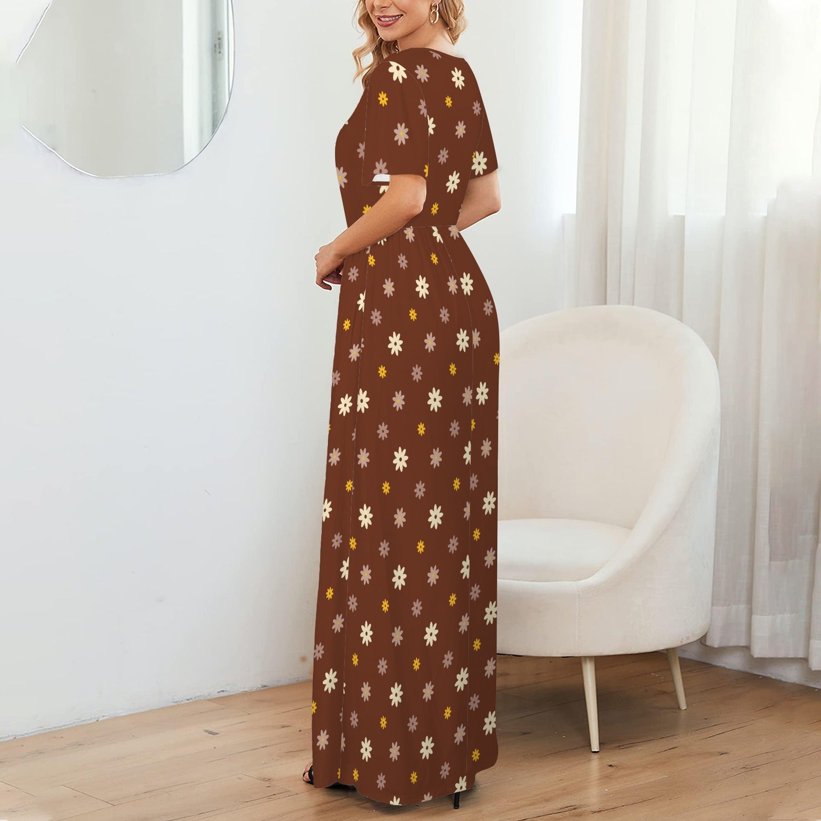 Brown Yellow Daisy Summer Maxi Dress