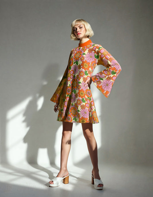 70s Dress Style | Retro Bell Sleeve Dress | Multicolor Orange Floral Tent Dress | Vintage 70s Disco Dress with Turtle Neck