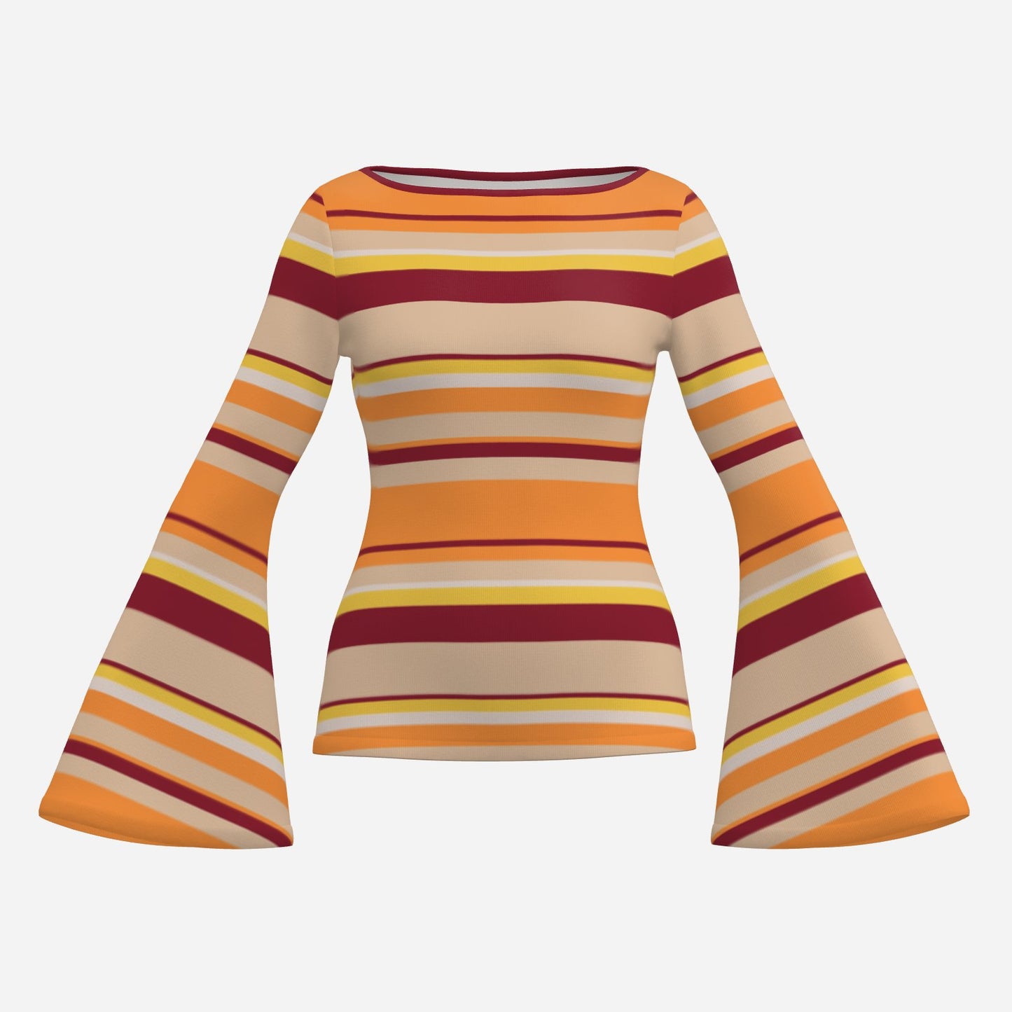 70s Maroon Orange Bell Sleeve Top | Retro Stripe Long Sleeve T-Shirt | Groovy Boat Neck Blouse | Trendy Hip Buys