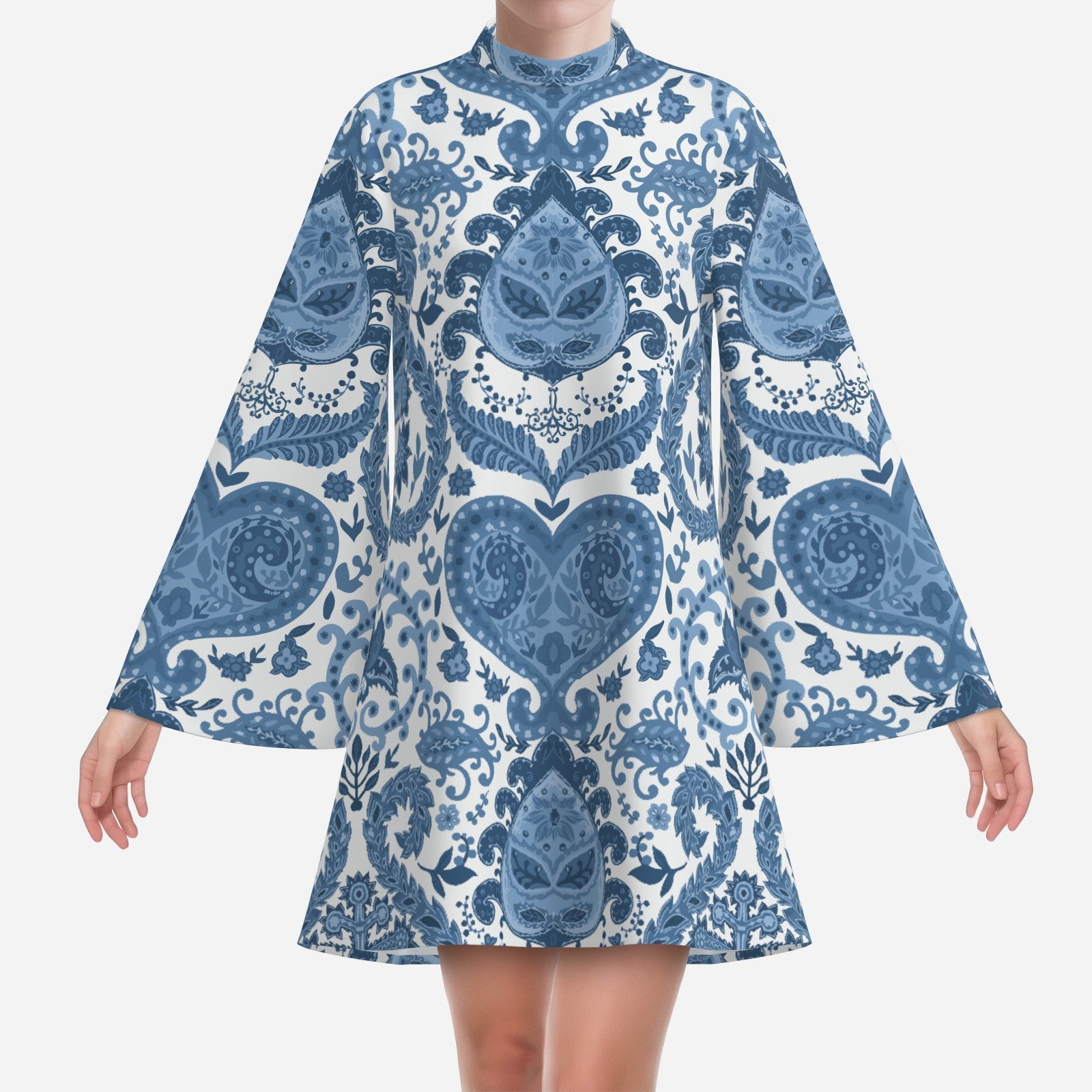 70s Style Dress | Retro Blue & White Paisley Bell Sleeve Mini Dress | Vintage Turtle Neck Chiffon Dress