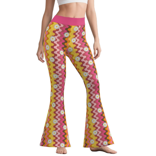 70s Pants Style | Pink Bell Bottom Pants  Retro Hippie Wide Leg Yoga Pants | Floral Stripe Flare Leggings Women 