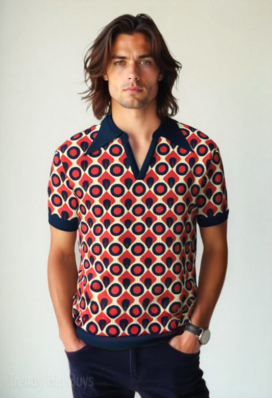 70s Polo Shirt | Retro Knit Disco Shirt | Mod Red & Blue Geometric Polo | Vintage Style Top – Trendy Hip Buys