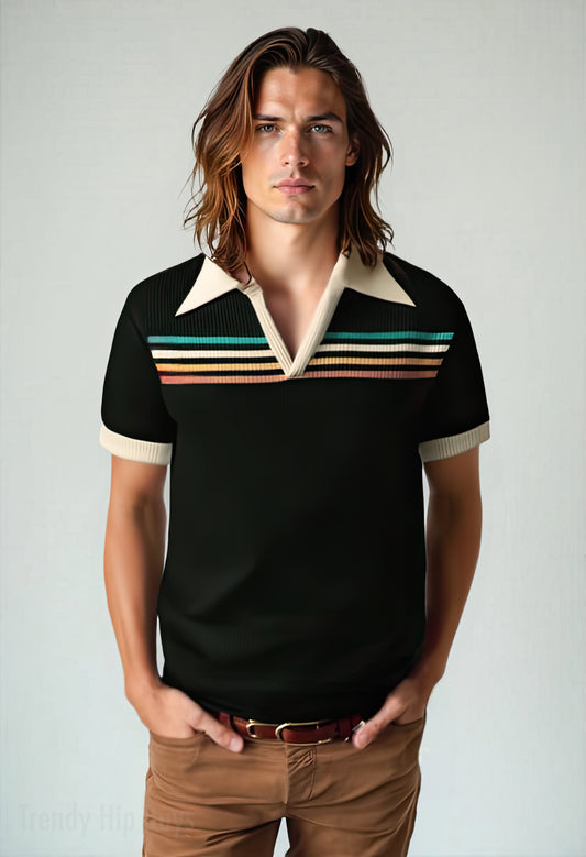 Retro Polo Shirt, Men's 70s Wing Collar Shirt, Brown Stripe Polo Shirt, 70s polo shirt men
