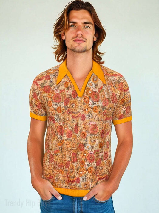 Retro Polo Shirt Men, Men's 70s Style Polo Shirt | Retro Dagger Collar Floral Knit Polo | 70s inspired Orange Floral Polo Shirt