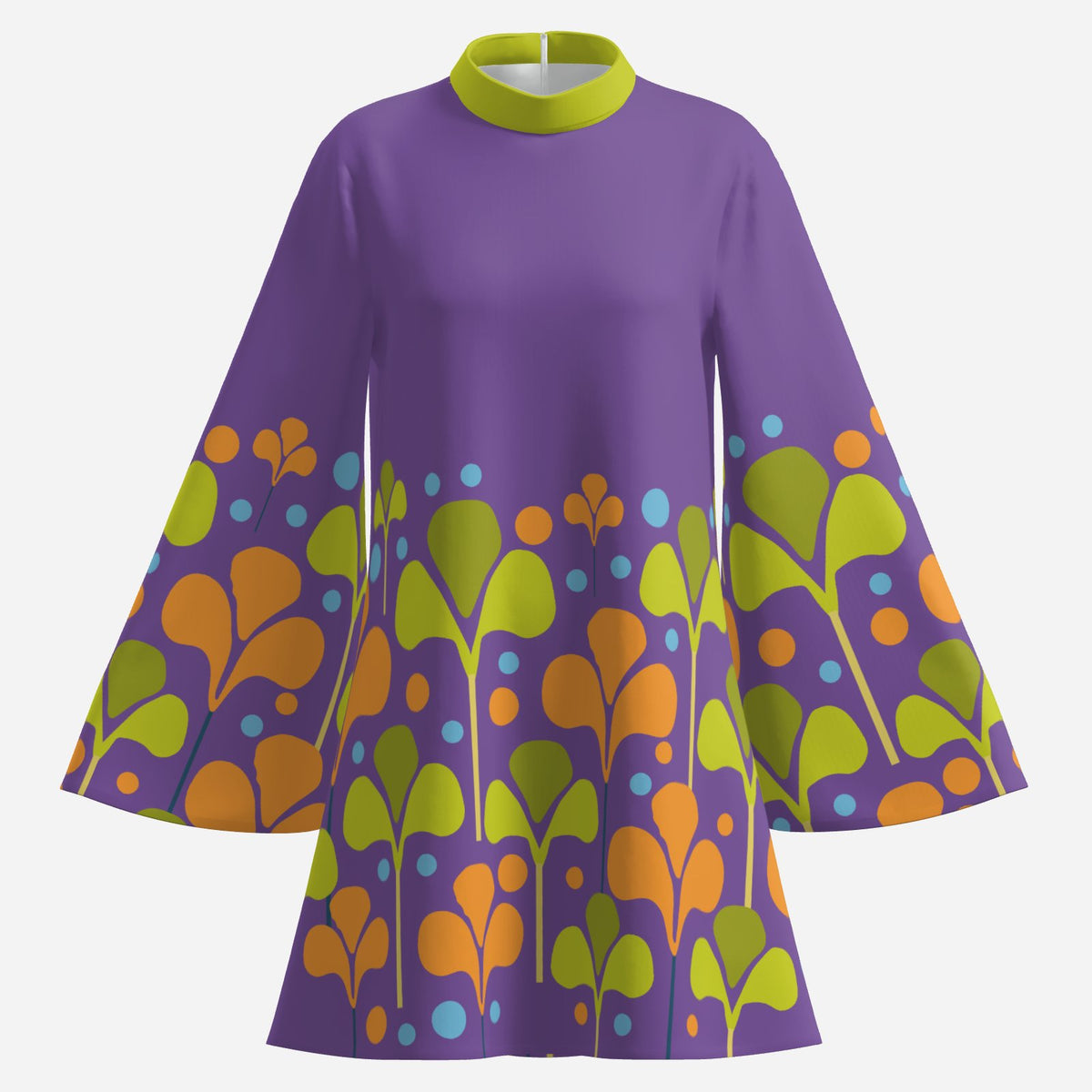 Women's Hippie 70s Purple Bell Sleeve Dress | Retro Floral Tent Dress | Vintage Inspired Boho Dress