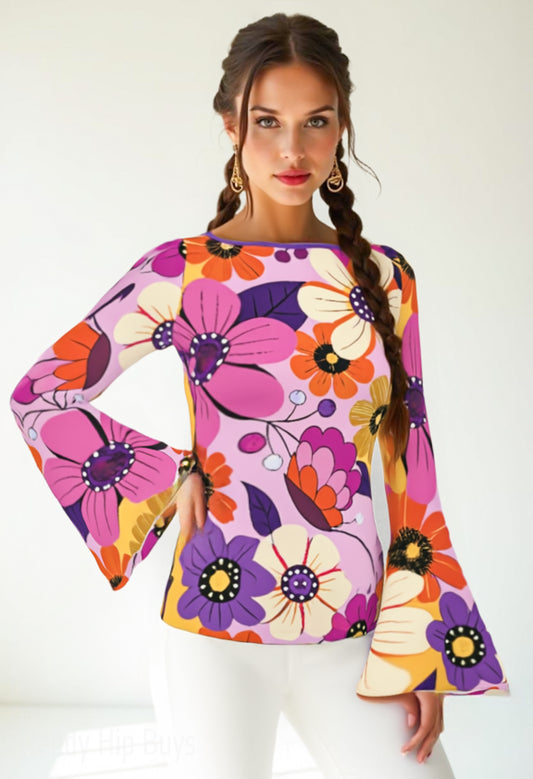 70s Purple Floral Bell Sleeve Top | Retro Long Sleeve T-Shirt | Vintage Boat Neck Blouse | Trendy Hip Buys
