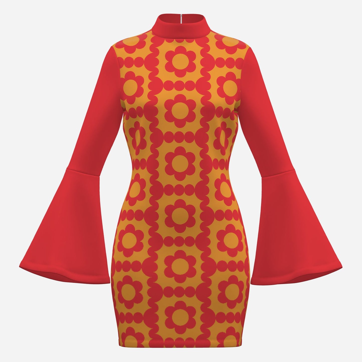 70s Style Dress | Red & Yellow Floral Bell Sleeve Mini Dress | Retro Turtleneck Disco Shift Dress