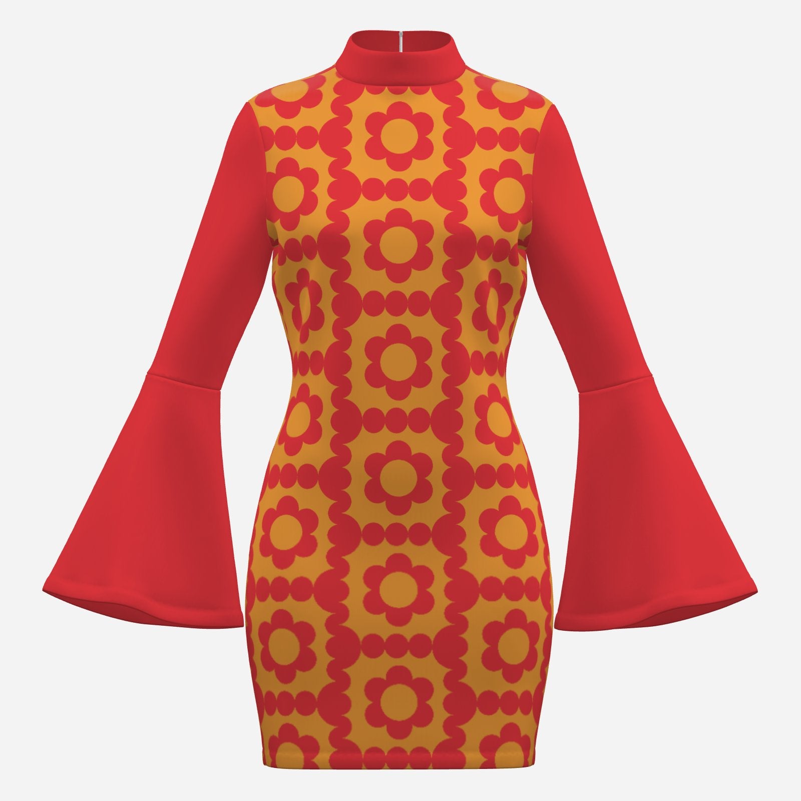 70s Style Dress | Red & Yellow Floral Bell Sleeve Mini Dress | Retro Turtleneck Disco Shift Dress