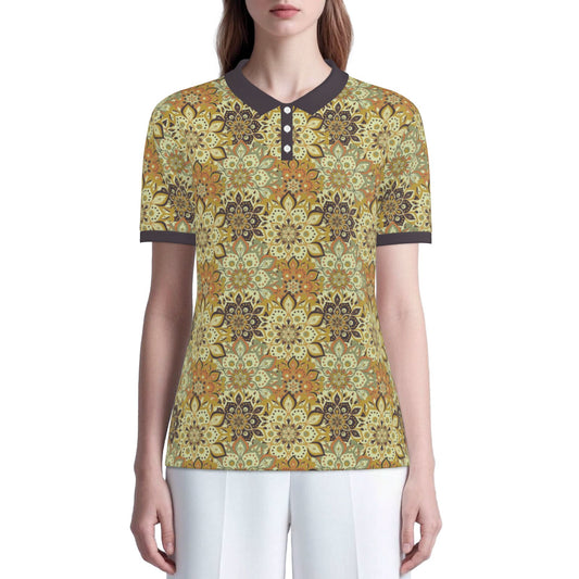 70s Hippie Mandala Polo Shirt | UPF 50+ Sun Protection Unisex Polo | Retro Mustard Yellow Brown Polo Shirt 