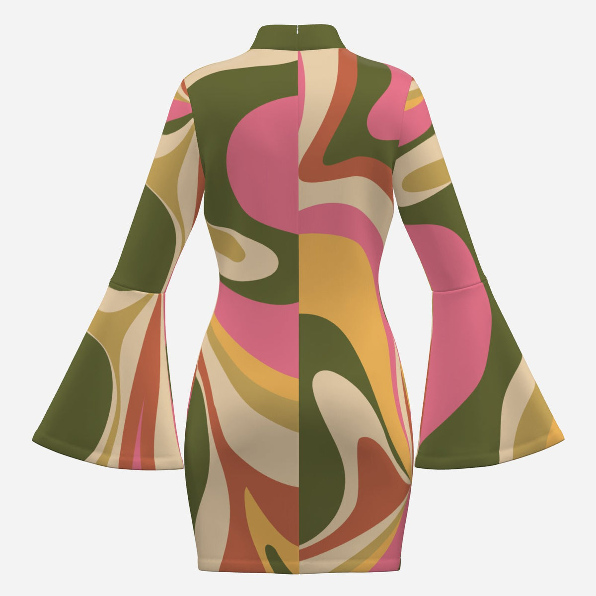 Vintage 70s Style Dress | Abstract Groovy Olive Green Bell Sleeve Shift Mini Dress | Retro Turtleneck Disco Dress