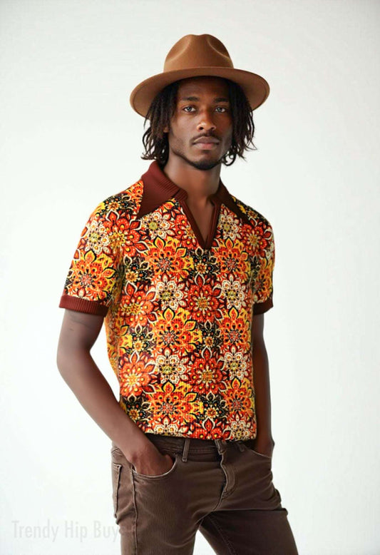 70s shirt style, Retro knit Polo Shirt, 70s Hippie Shirt Men, Brown Orange Floral Polo Shirt