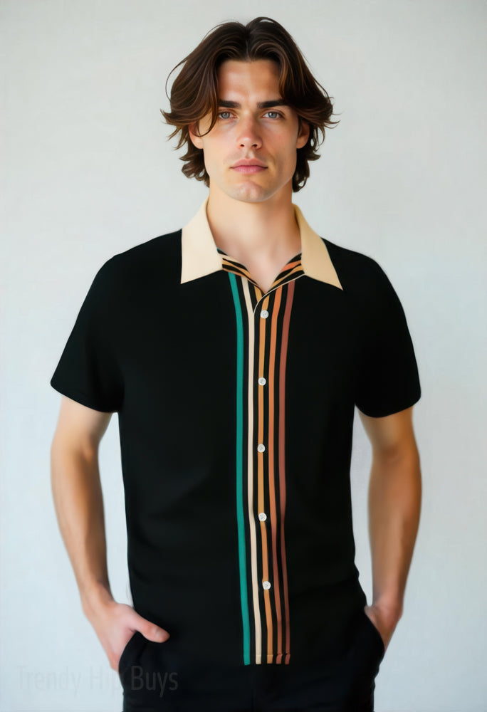 70s Style Shirt Men | Retro Black Stripe Shirt | Groovy Multicolor Stripe Shirt | Contrasting Beige