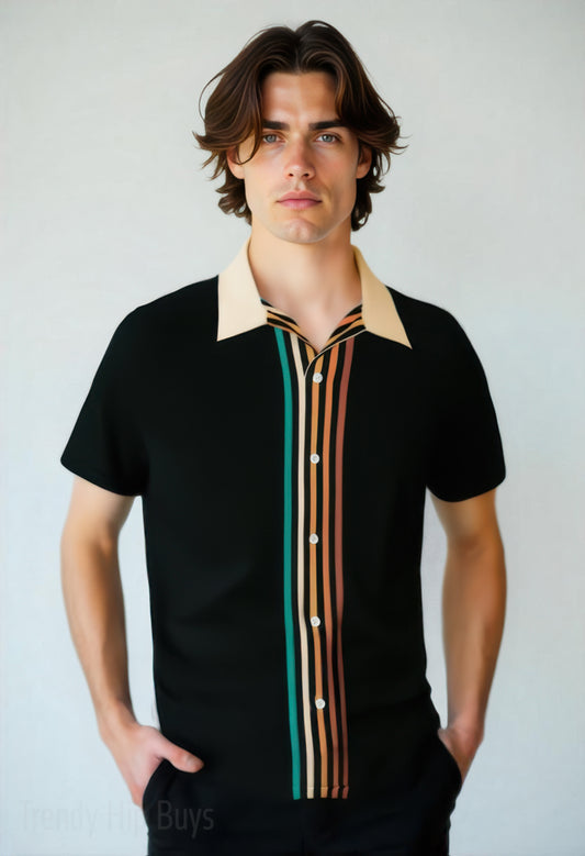 70s Style Shirt Men | Retro Black Stripe Shirt | Groovy Multicolor Stripe Shirt | Contrasting Beige