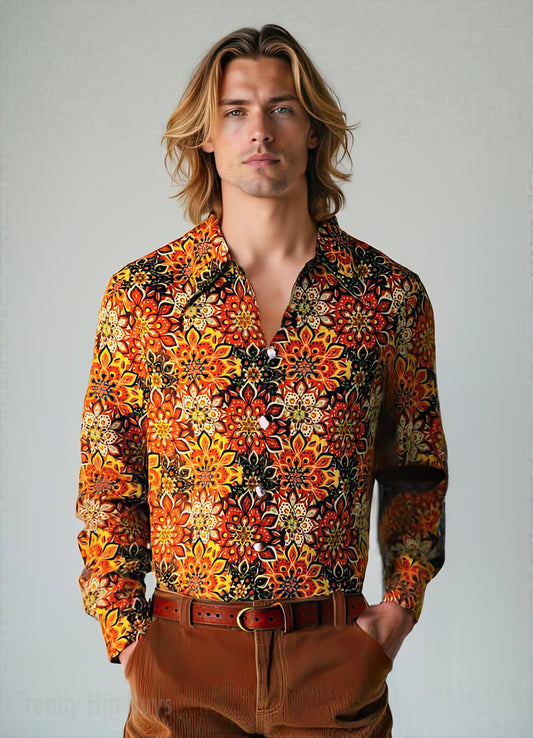 70s Style Shirt, Retro 70s Men's Shirt | Orange Hippie Boho Shirt | Wing Collar Disco Top