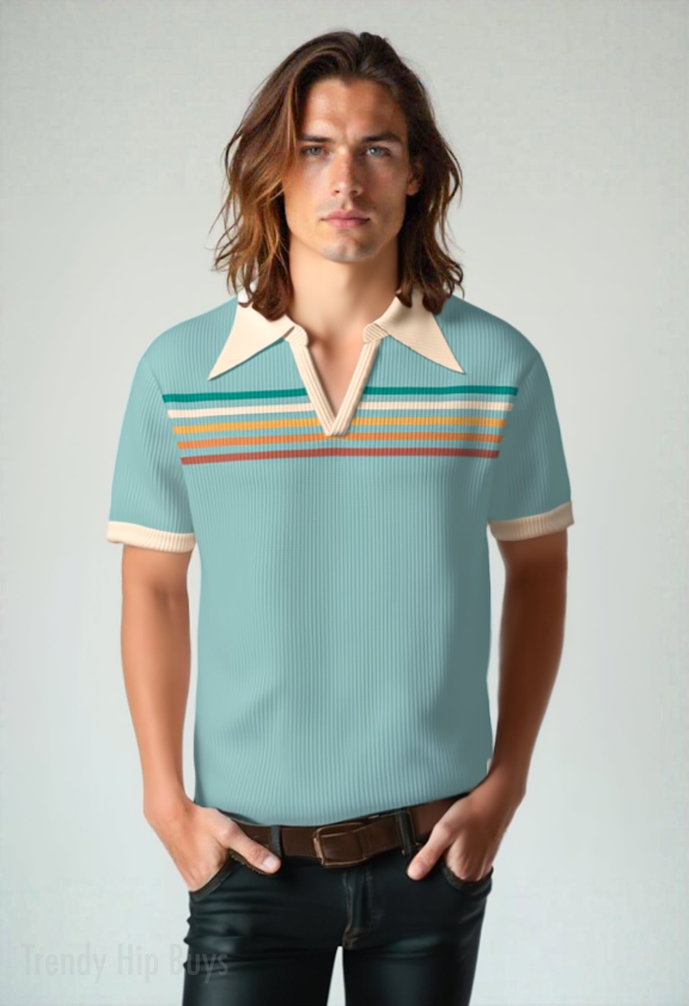 Retro Polo Shirt, Men's 70s Wing Collar Shirt, Blue Stripe Knit Polo Shirt, 70s Style Shirt Men