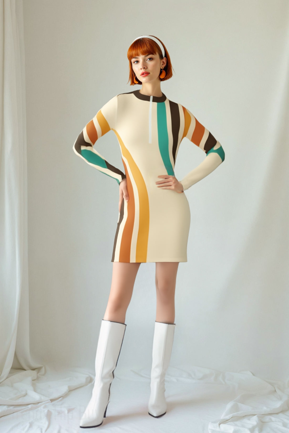 Mod 60s 70s Scuba Dress | Groovy Stripe Beige Mini Dress | Long Sleeve Shift Dress | Retro 60s 70s Style Dress