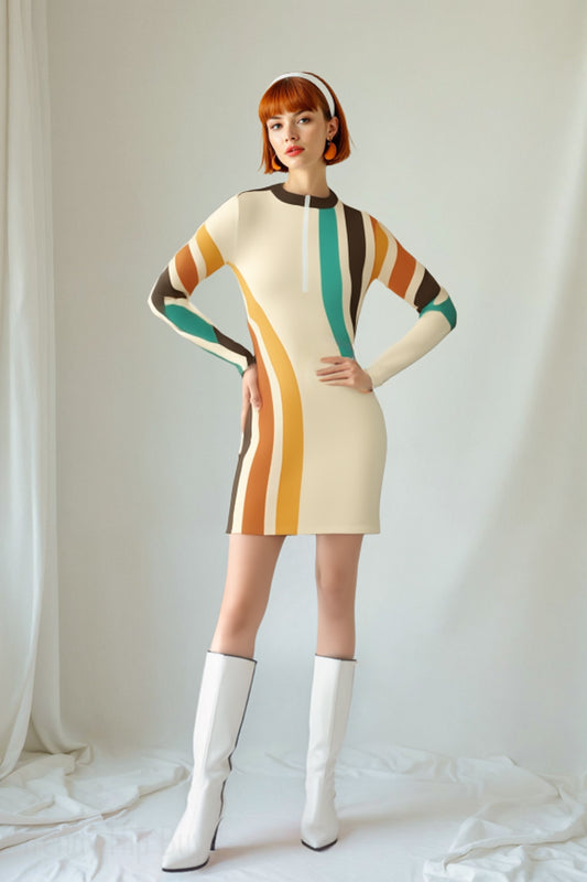 Mod 60s 70s Scuba Dress | Groovy Stripe Beige Mini Dress | Long Sleeve Shift Dress | Retro 60s 70s Style Dress
